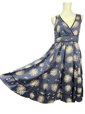 Odille 100% Silk Dress NEW 10 Floral Starburst Dandelion Navy Blue Satin A-Line